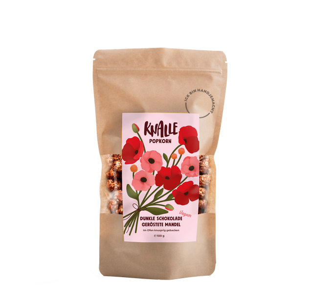 Dunkle Schokolade geröstete Mandel Popkorn – Verknallt Edition – vegan & limitiert